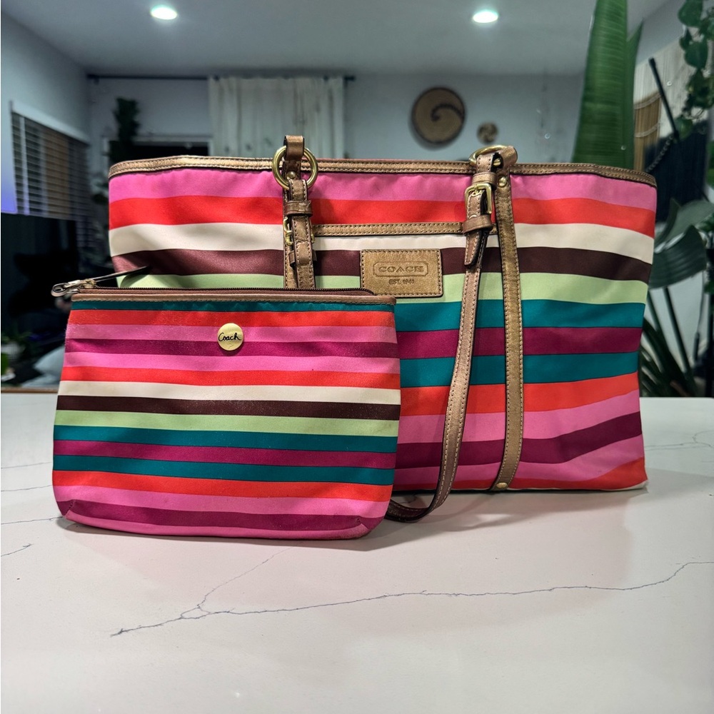 Coach Pink and Green Striped Tote Bag Set